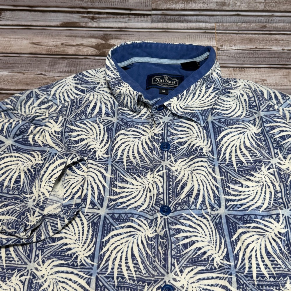 Nat Nast Button Up Shirt Mens Medium Blue Silk Cotton Palm Leaf Print Casual‎